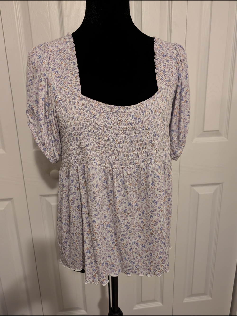 Lucky Brand Lavender Floral Smocked Square-Neck Top